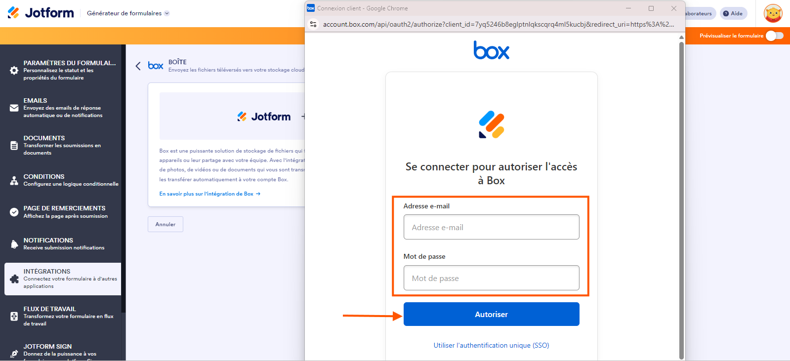 Capture d'écran de la page de connexion de Box dans le Générateur de formulaires Jotform avec un encadré autour des champs à remplir et une flèche pointant vers le bouton Autoriser