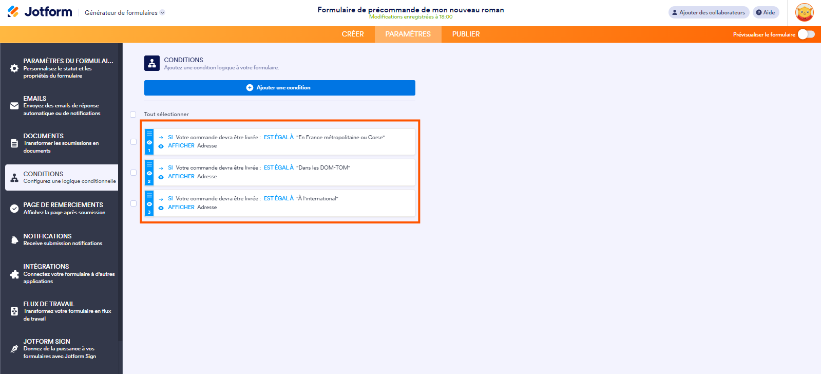 Capture d'écran de la page Conditions dans le Générateur de formulaires Jotform avec un encadré autour des trois conditions configurées pour chacun des éléments Adresse