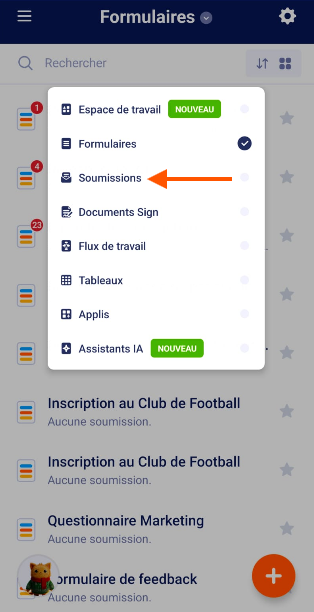 Capture d'écran du menu Formulaires de l'application Jotform Mobile avec une flèche pointant vers Soumissions