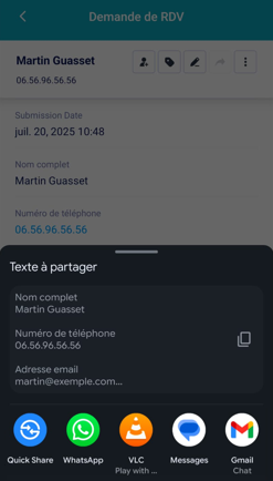 Capture d'écran de la page de partage qui s'affiche dans Jotform Mobile pour une soumission