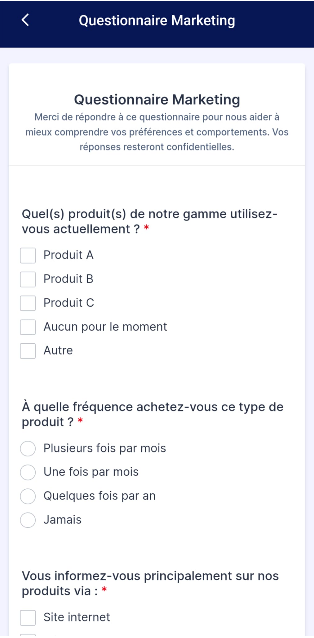 Capture d'écran d'un Questionnaire Marketing à remplir dans Jotform Mobile