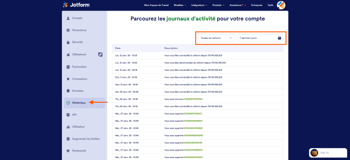 Capture d'écran de la page des paramètres de l'historique avec une flèche pointant sur Historique à gauche et un un encadré autour des deux menus déroulants en haut à droite