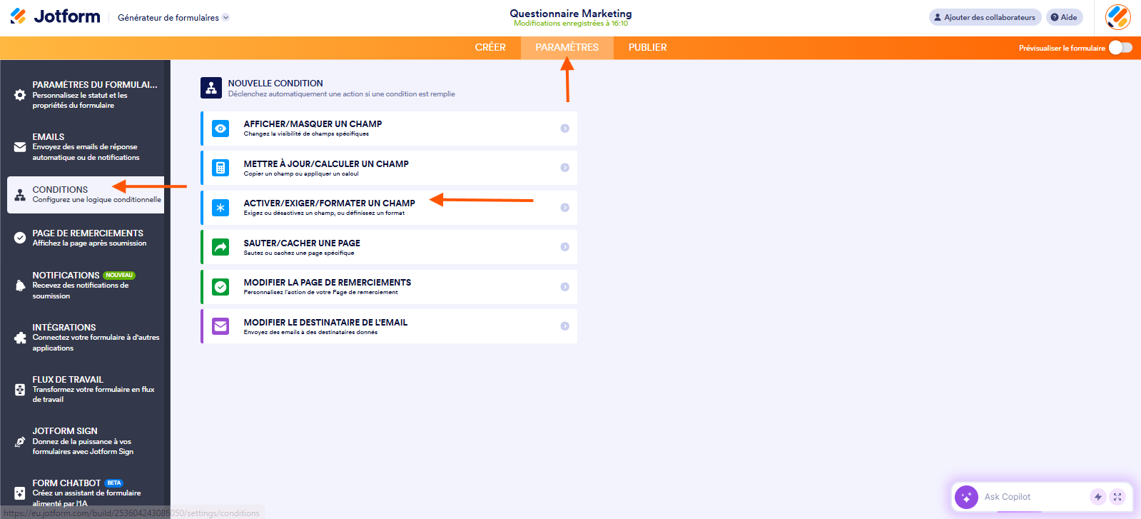 Capture d'écran de la page Nouvelle condition avec une flèche pointant vers Paramètres, une autre pointant vers Conditions et une troisième pointant vers Activer/Exiger/Formater un champ