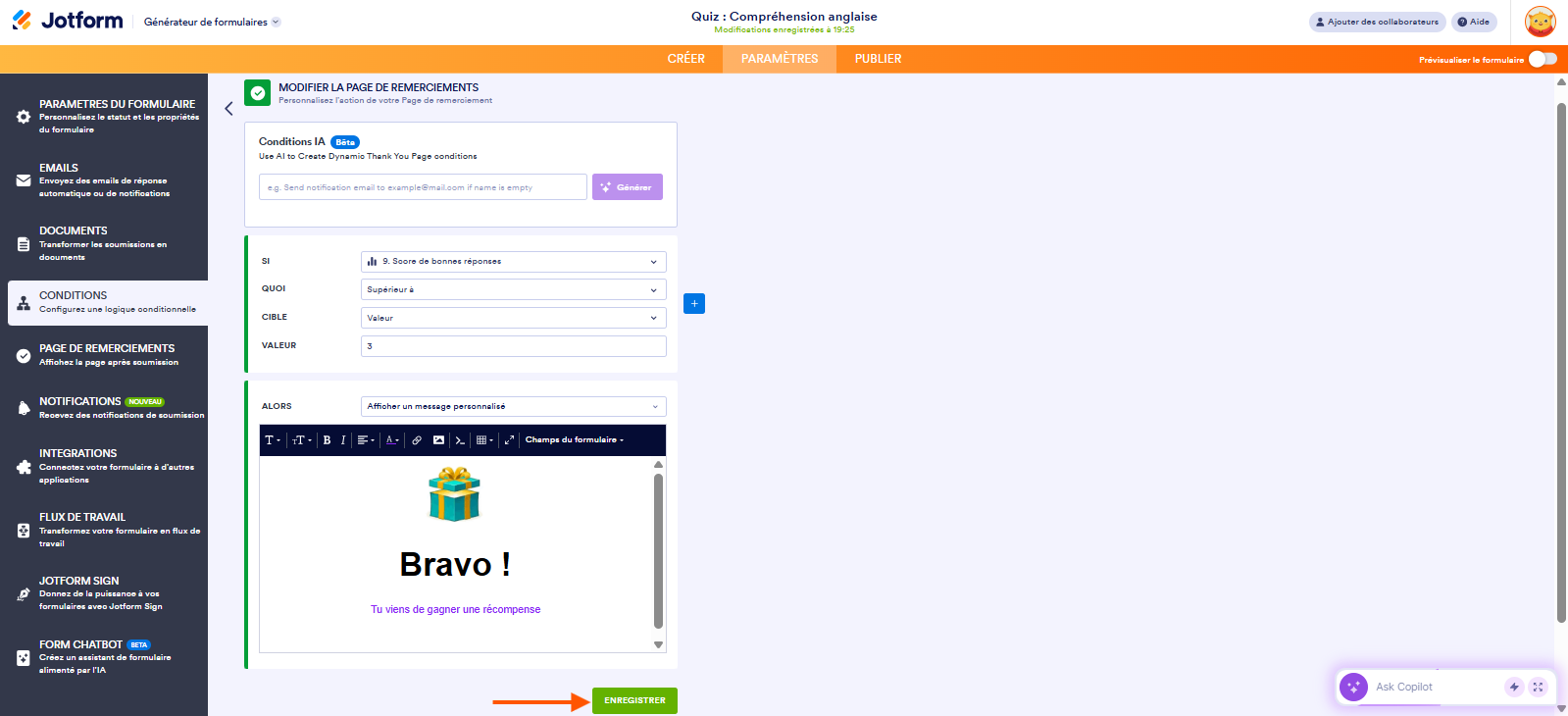 Capture d'écran de la page Modifier la page de remerciements avec une condition définie et une page de remerciement montrant un cadeau et le message Bravo