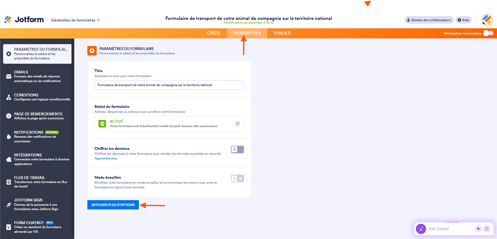 Capture d'écran de la page Paramètres du formulaire dans le Générateur de formulaires Jotform avec une flèche pointant vers Paramètres et une autre pointant vers le bouton Afficher plus d'options