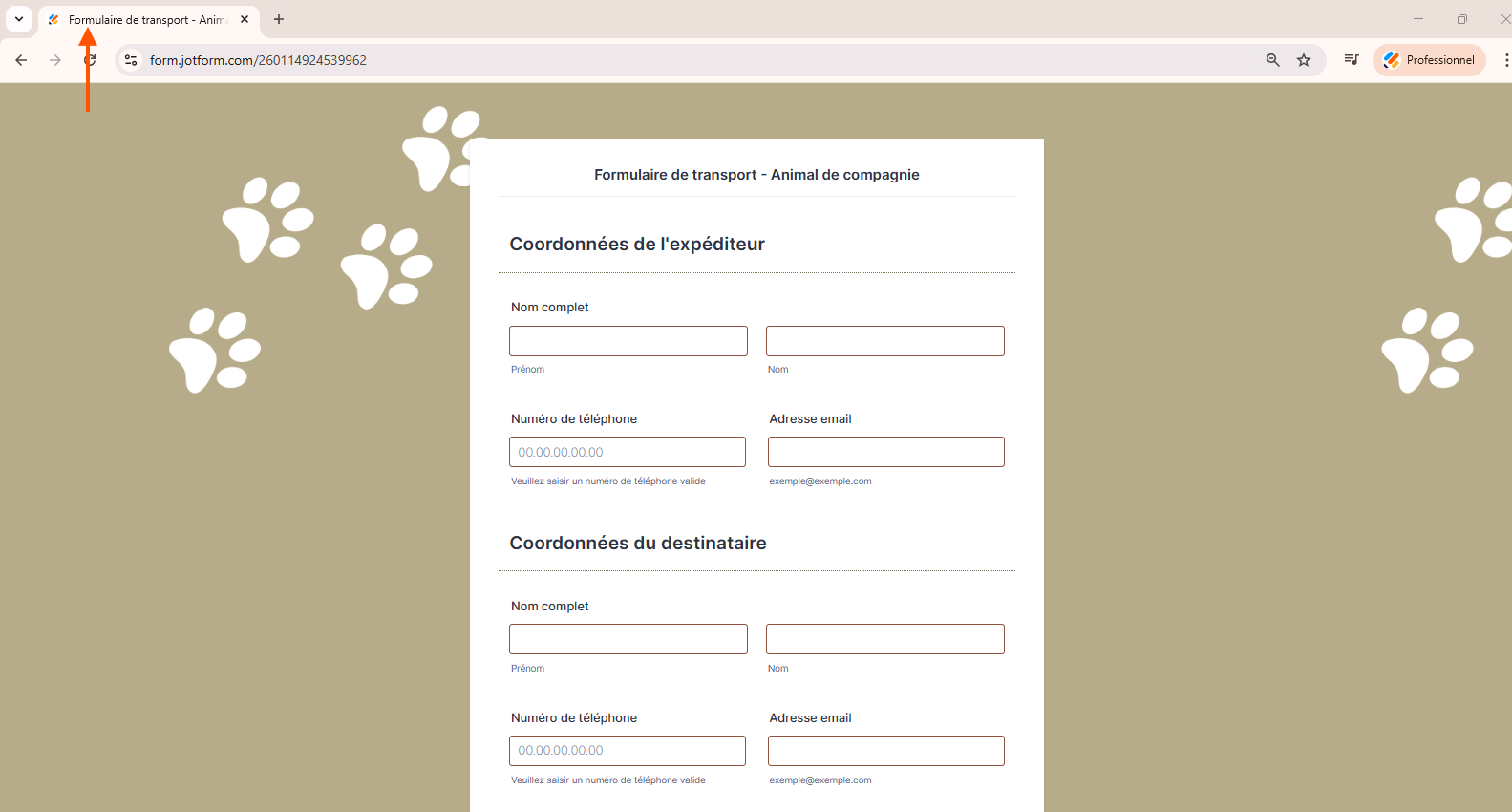 Capture d'écran de la page web du formulaire avec le nouveau titre de la page