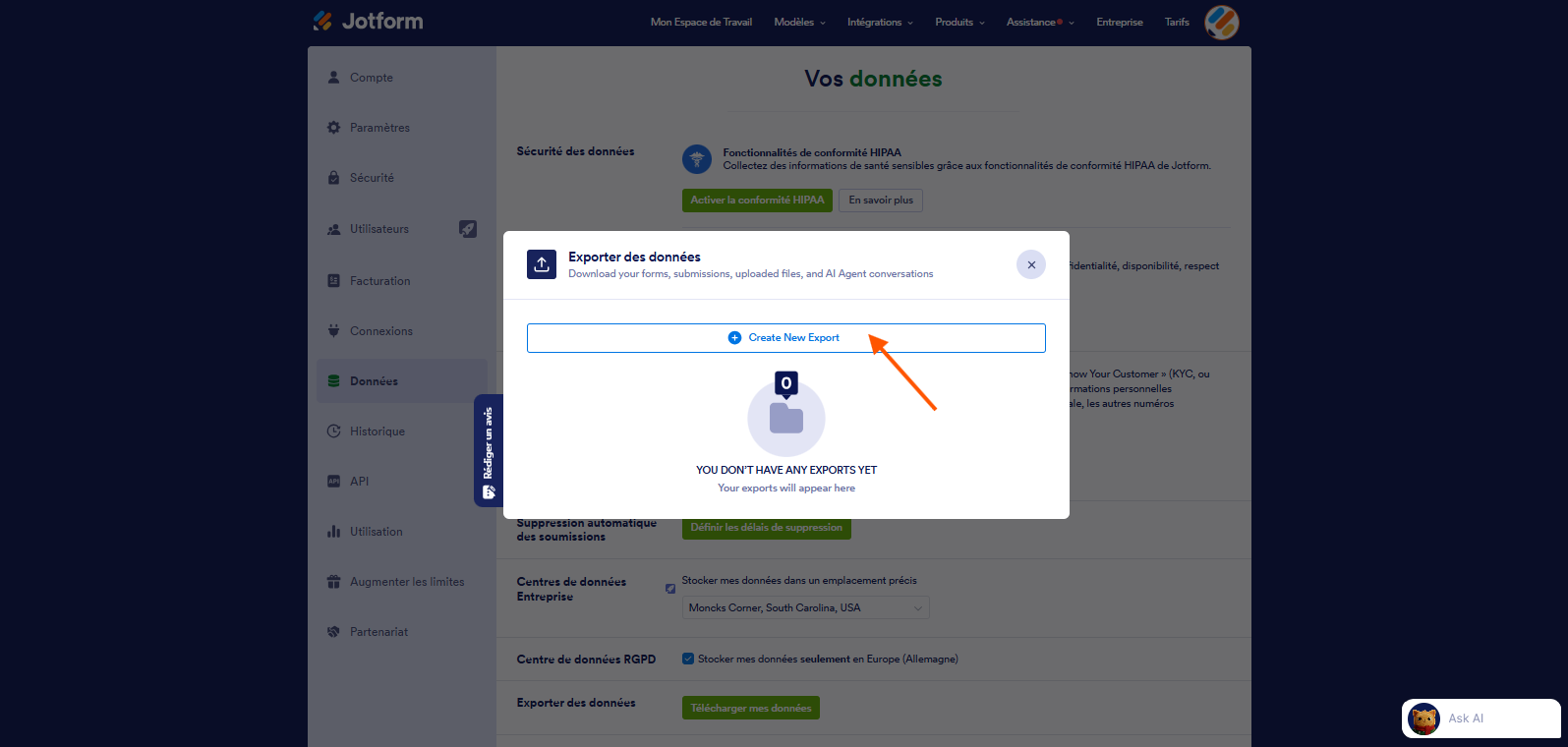 Capture d'écran de la fenêtre Exporter des données dans le Générateur de formulaires Jotform avec une flèche pointant vers le bouton Créer un nouveau fichier d'exportation