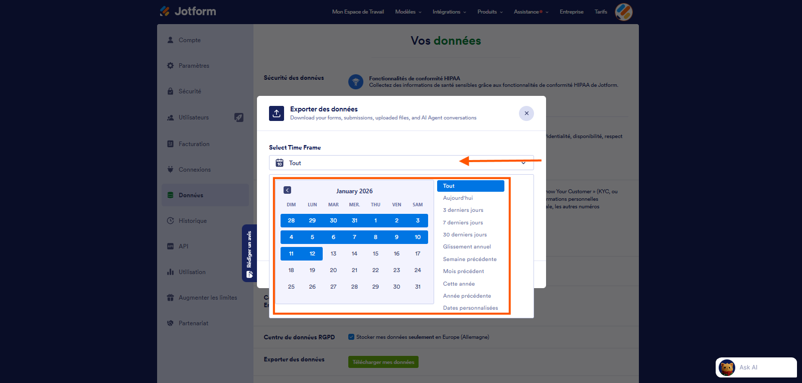 Capture d'écran de la fenêtre Exporter des données dans le Générateur de formulaires Jotform avec un encadré autour du calendrier et une flèche pointant vers l'option Tout dans le menu