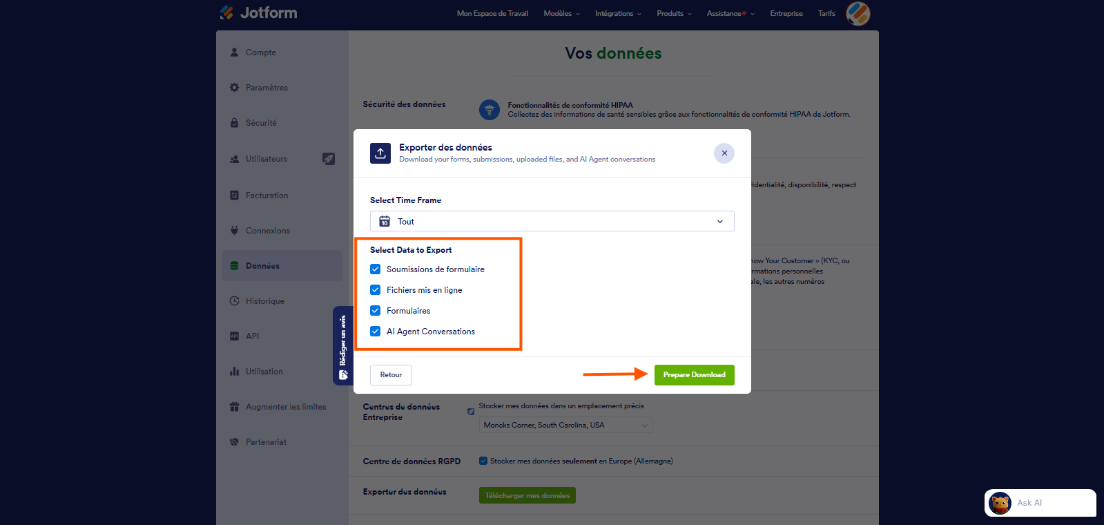 Capture d'écran de la fenêtre Exporter des données dans le Générateur de formulaires Jotform avec un encadré autour des options de sélection des données à télécharger et une flèche pointant vers le bouton Préparer le téléchargement