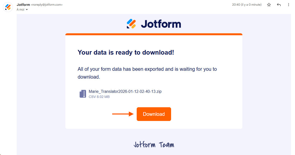 Capture d'écran de l'email provenant de Jotform avec une flèche pointant vers le bouton Télécharger