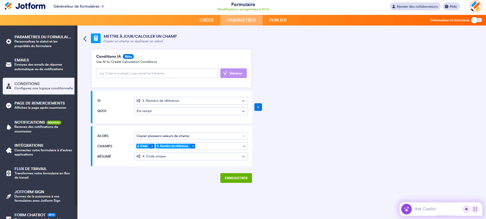 Capture d'écran de la page Mettre à jour/Calculer un champ dans le Générateur de formulaires Jotform avec les règles de condition définies afin de combiner les entrées de plusieurs champs