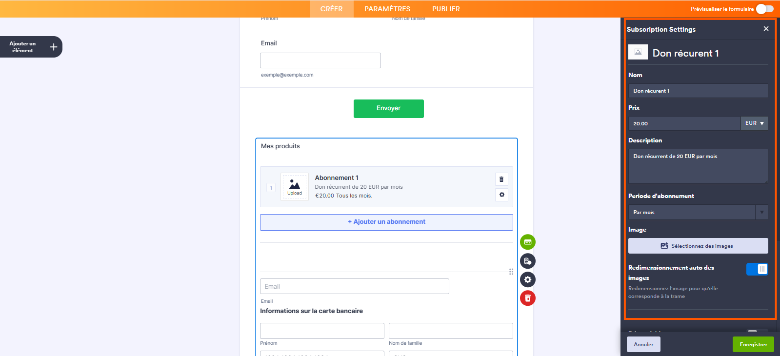 Capture d'écran du formulaire dans le Générateur de formulaires Jotform avec un élément Stripe et un nouvel abonnement, un encadré autour des paramètres de l'abonnement