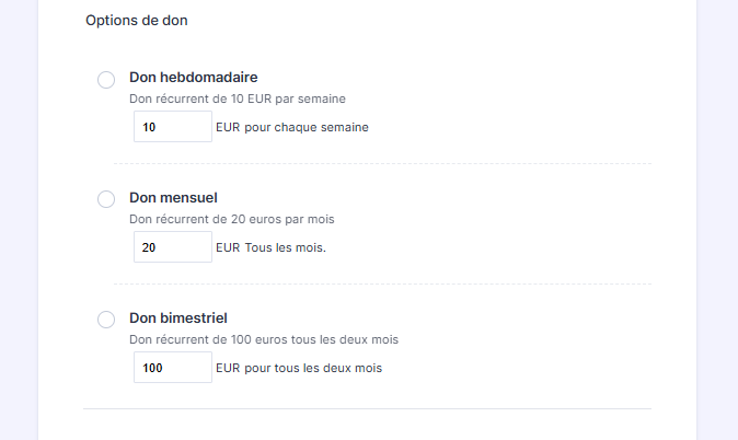 Capture d'écran d'un extrait de formulaire montrant une section Options de don avec une option de don hebdomadaire, mensuel et biestriel