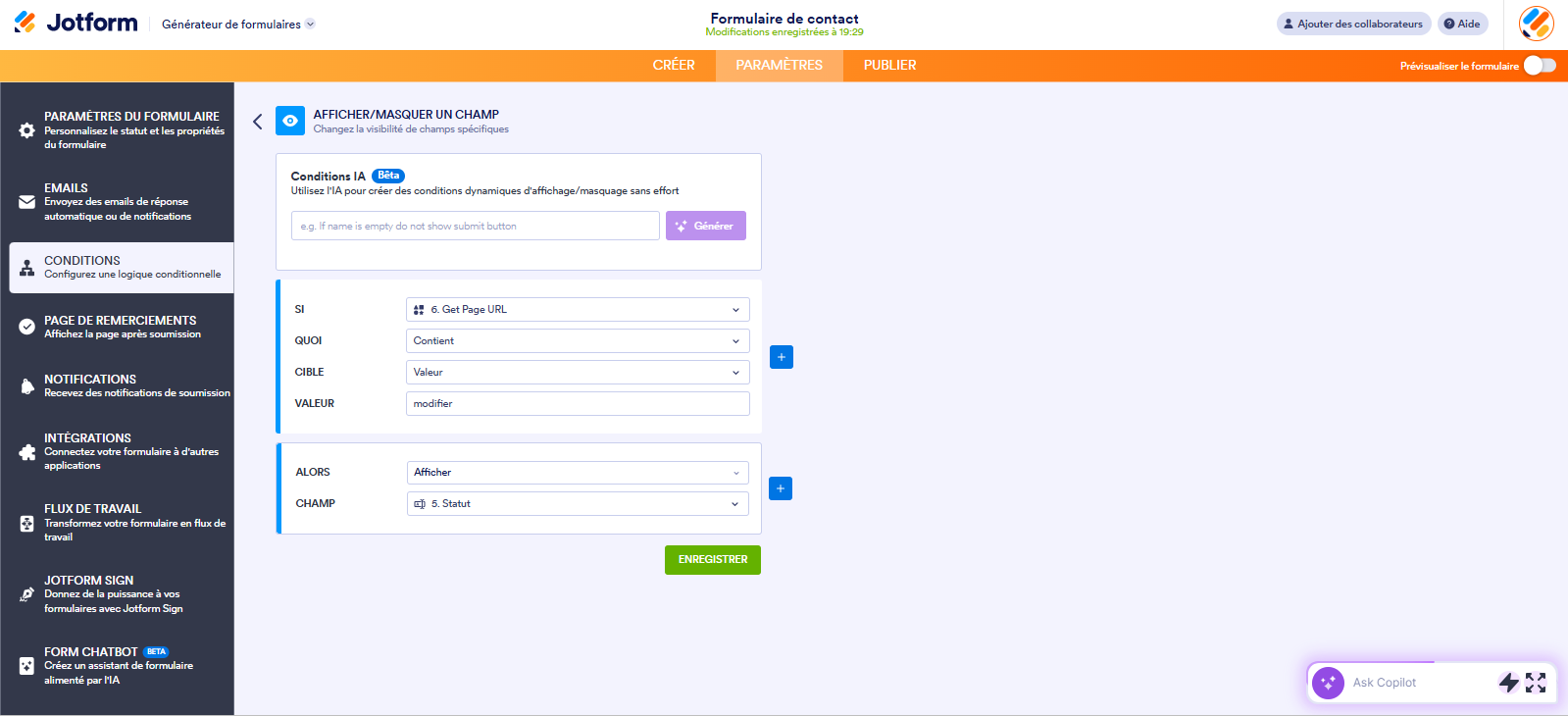 Capture d'écran de la page Afficher/Masquer un champ dans le Générateur de formulaires Jotform avec une condition définie