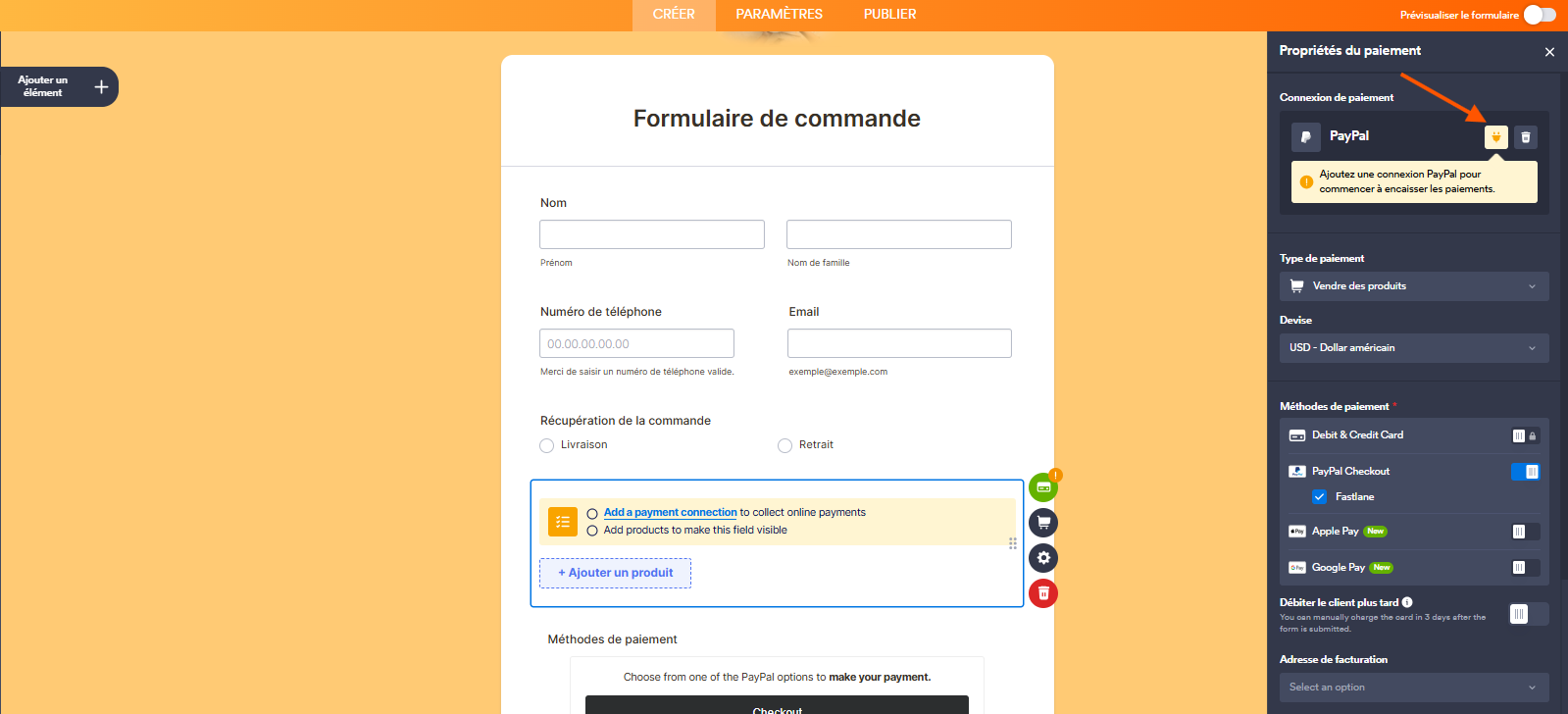 Capture d'écran du volet Propriétés du paiement avec une flèche pointant vers l'icône de prise électrique dans le Générateur de formulaires Jotform