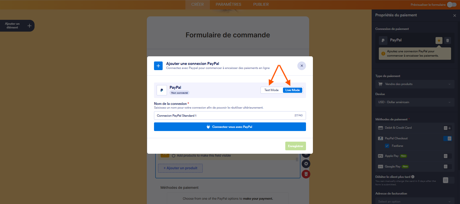Capture d'écran de la fenêtre modale Ajouter une connexion PayPal avec une flèche pointant vers Test Mode et une autre vers Live Mode dans le Générateur de formulaires Jotform