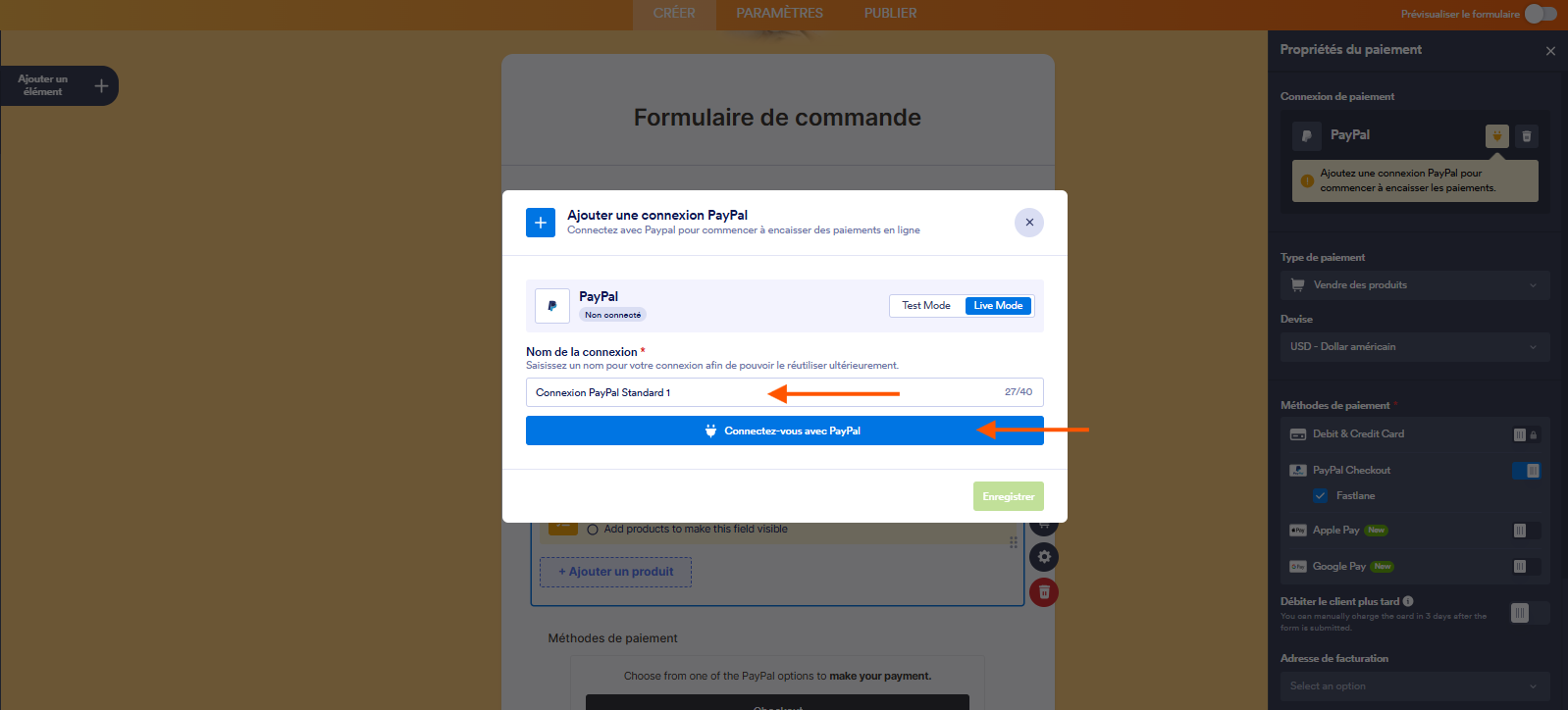 Capture d'écran de la fenêtre modale Ajouter une connexion PayPal dans le Générateur de formulaires Jotform avec une flèche pointant vers le champ de saisie Nom de la connexion et une autre pointant vers le bouton Connectez-vous avec PayPal