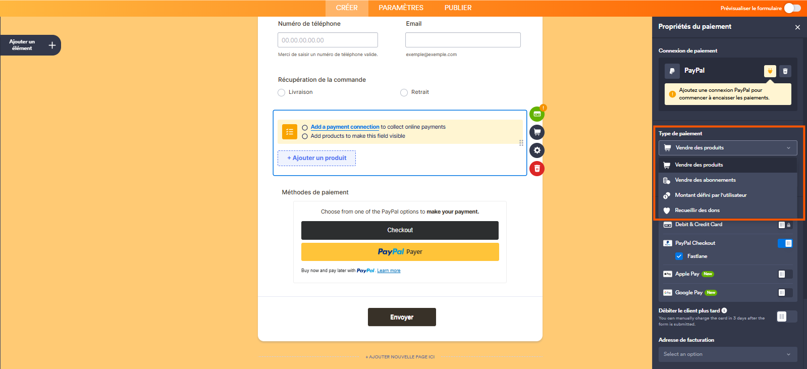 Capture d'écran montrant toutes les options du paramètre Type de Paiement dans le volet Propriétés du paiement dans Jotform
