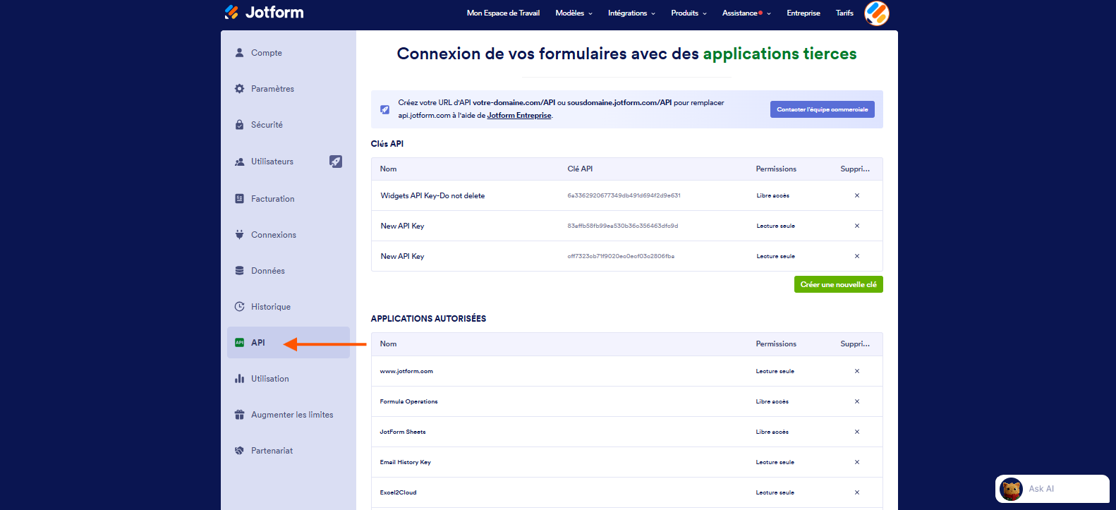 Capture d'écran de la page API d'un compte Jotform