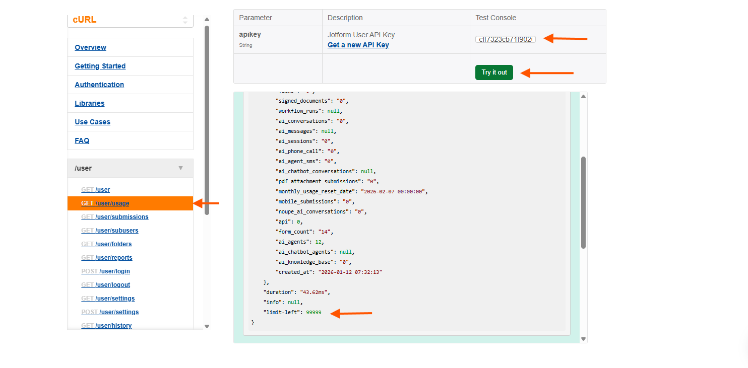 Capture d'écran de la page API de Jotform Développeurs avec une flèche pointant vers la section "limit-left"