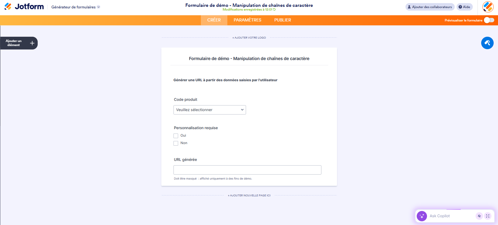 Capture d'écran d'un Formulaire de démo - Manipulation de chaînes de caractère dans le Générateur de formulaires Jotform