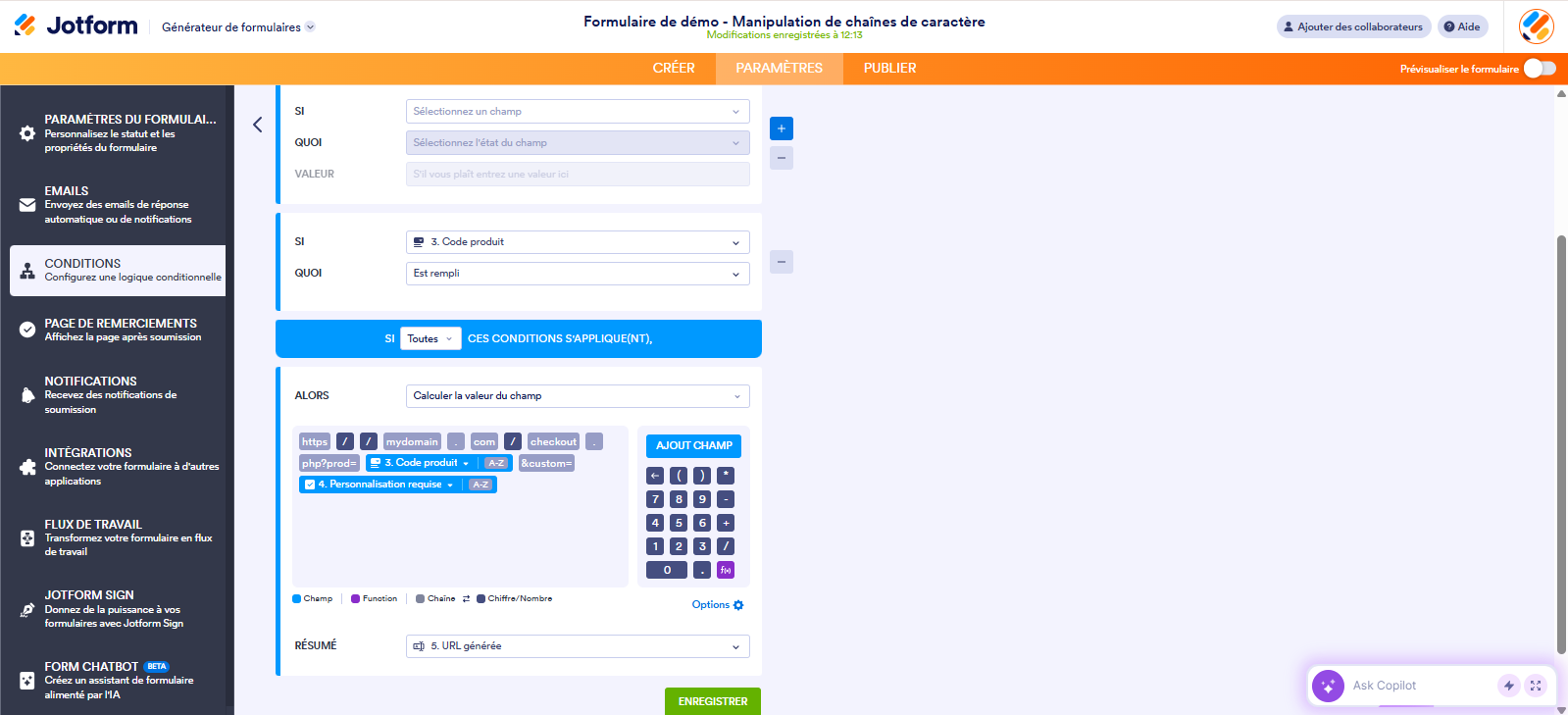 Capture d'écran de la logique conditionnelle de chaînes de texte pour générer une URL
