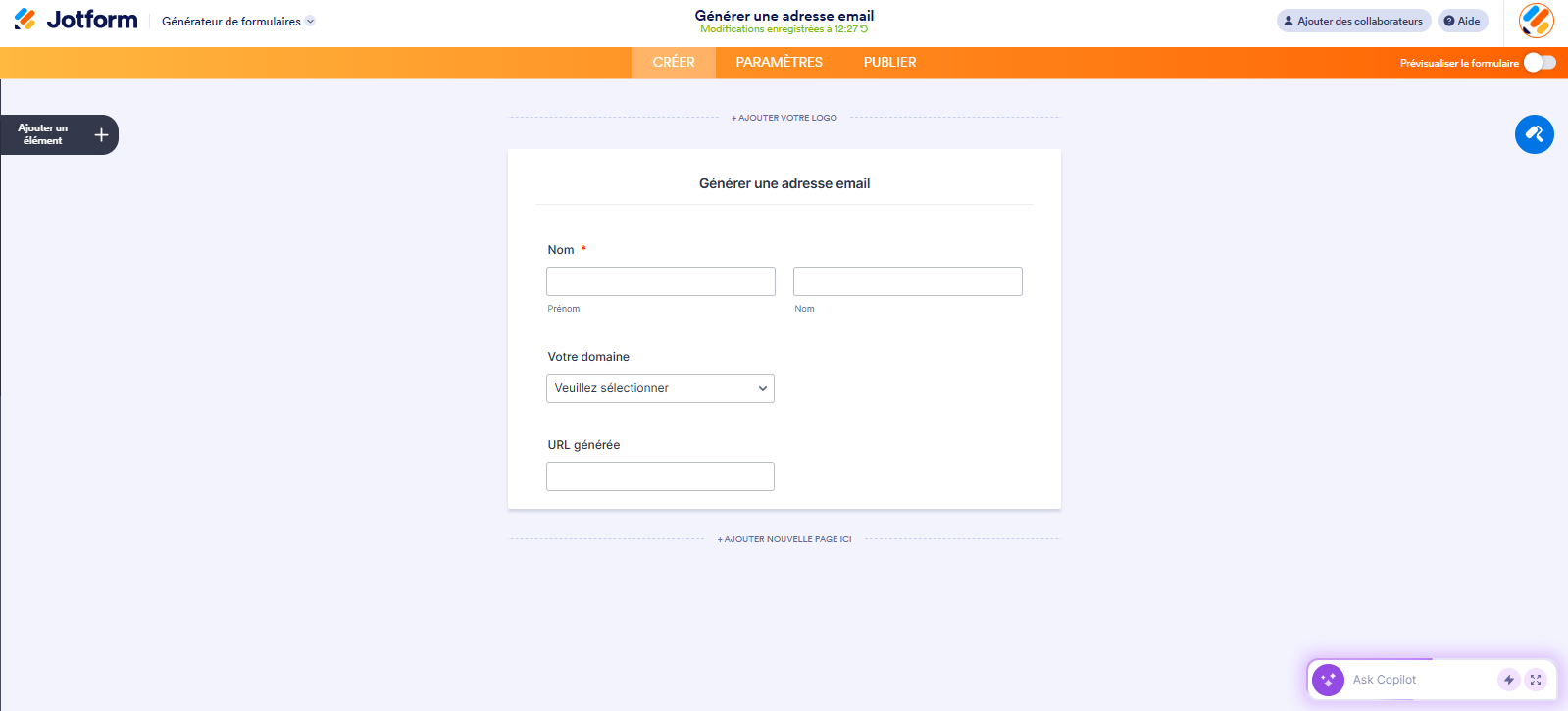 Capture d'écran d'un formulaire intitulé Générer une adresse email dans le Générateur de formulaires Jotform