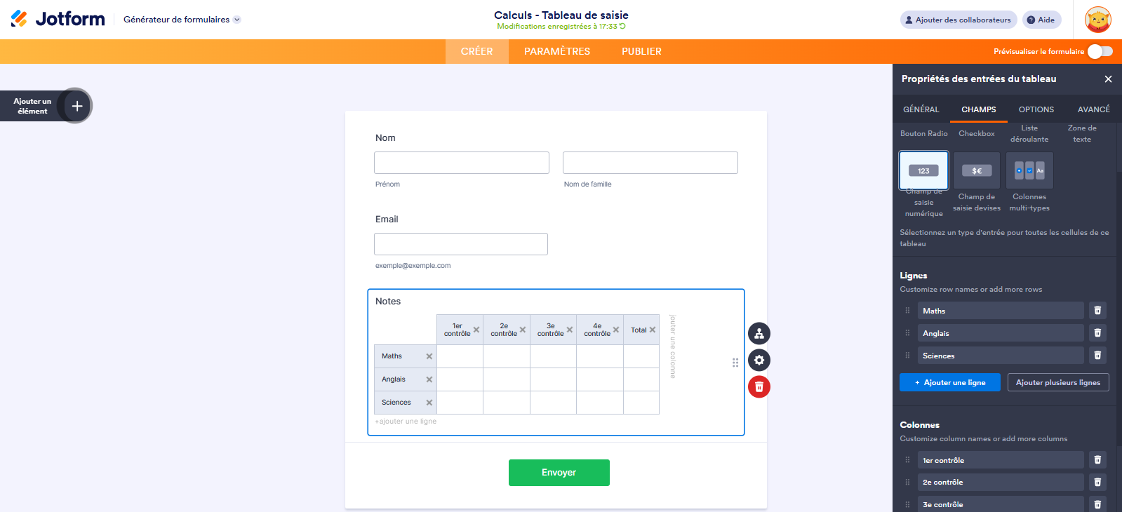 Capture d'écran du volet Propriétés du Tableau de saisie dans le Générateur de formulaires Jotform avec les colonnes et lignes créées pour le Tableau de saisie