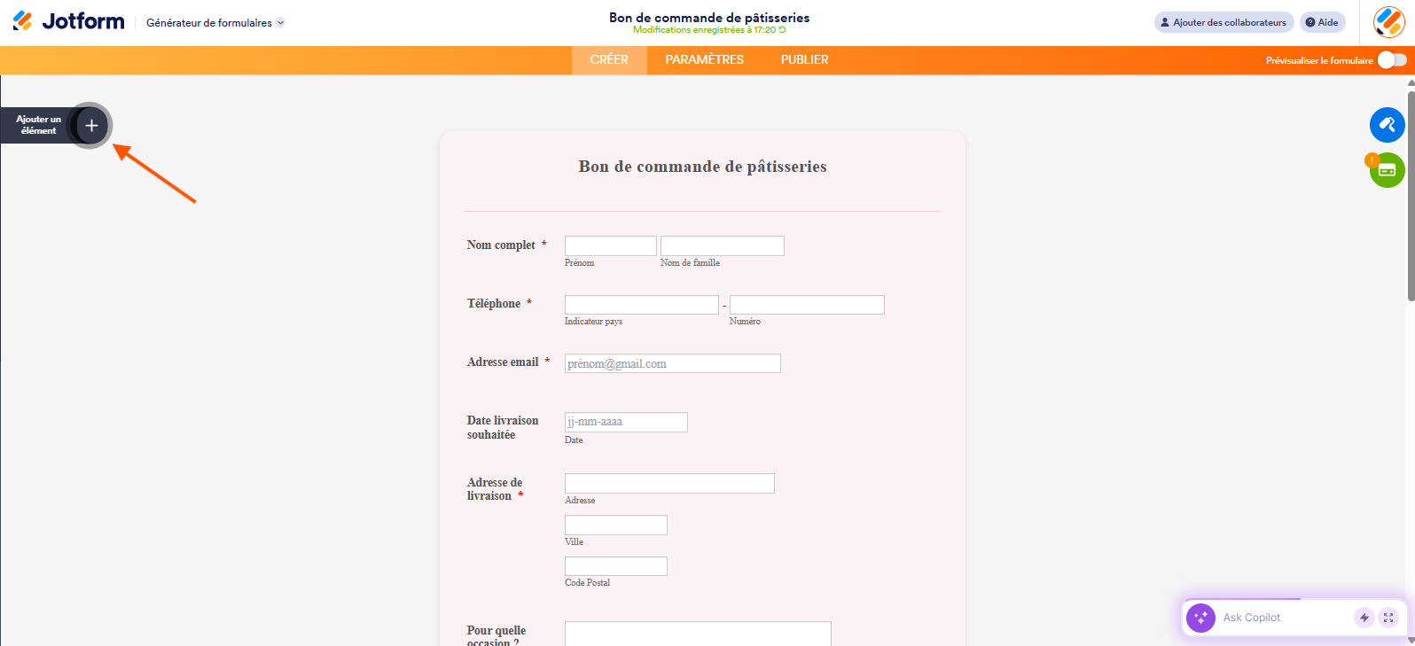 Capture d'écran d'un formulaire Bon de commande de pâtisseries dans le Générateur de formulaires Jotform avec une flèche pointant vers le bouton Ajouter des éléments