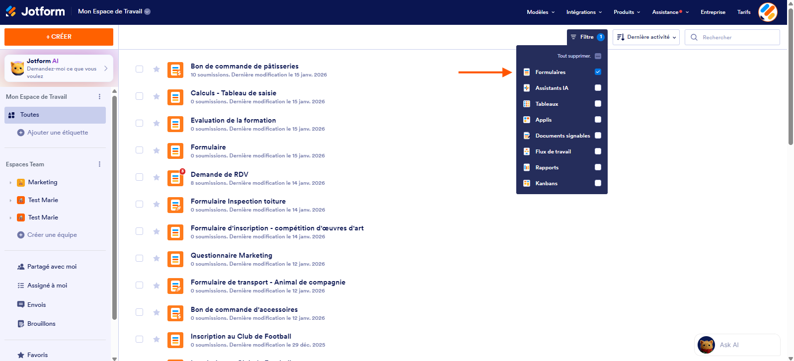 Capture d'écran de la liste déroulante du bouton Filtre de la page Mon Espace de Travail dans le Générateur de formulaires Jotform