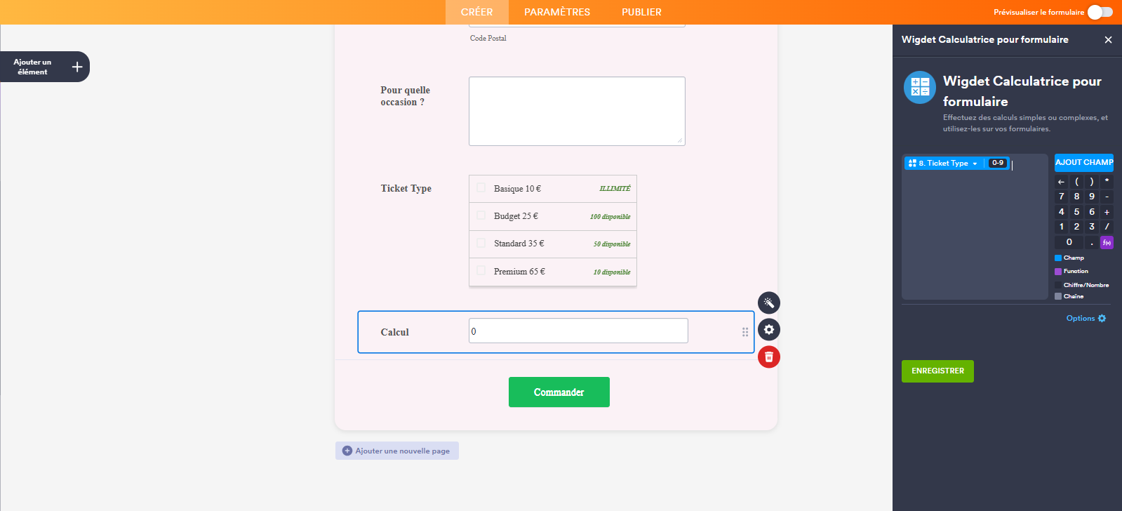 Capture d'écran du widget Calculatrice pour formulaire associé au widget Achat de billets dans le Générateur de formulaires Jotform