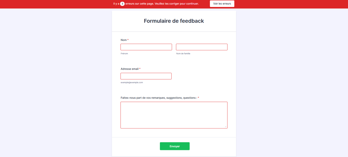 Capture d'écran d'un formulaire avec des champs obligatoires non renseignés sans messages d'erreur, mais avec une bordure rouge discrète en haut soulignant le nombre d'erreurs