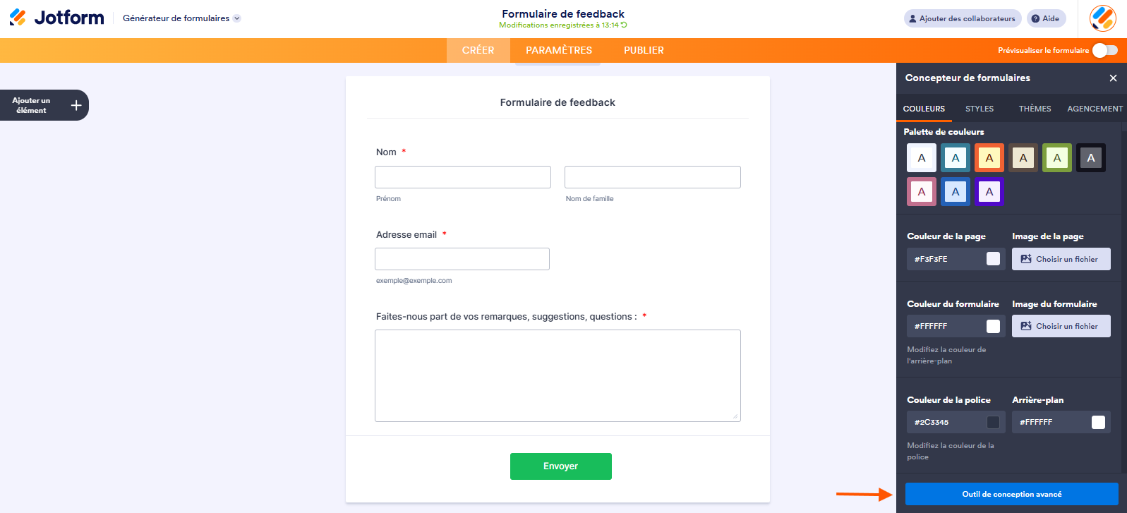 Capture d'écran d'un formulaire dans le Générateur de formulaires Jotform avec une flèche pointant vers le bouton Outil de conception avancé dans le volet Concepteur de formulaires