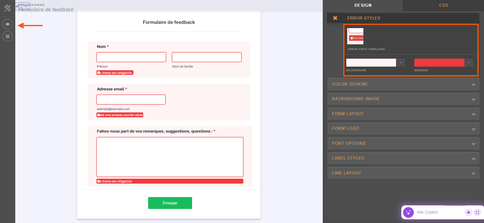 Capture d'écran de la page du Concepteur de formulaires de Jotform avec un encadré autour de la section Styles du message d'erreur et une flèche pointant vers l'icône Disque dans le coin supérieur gauche de la page