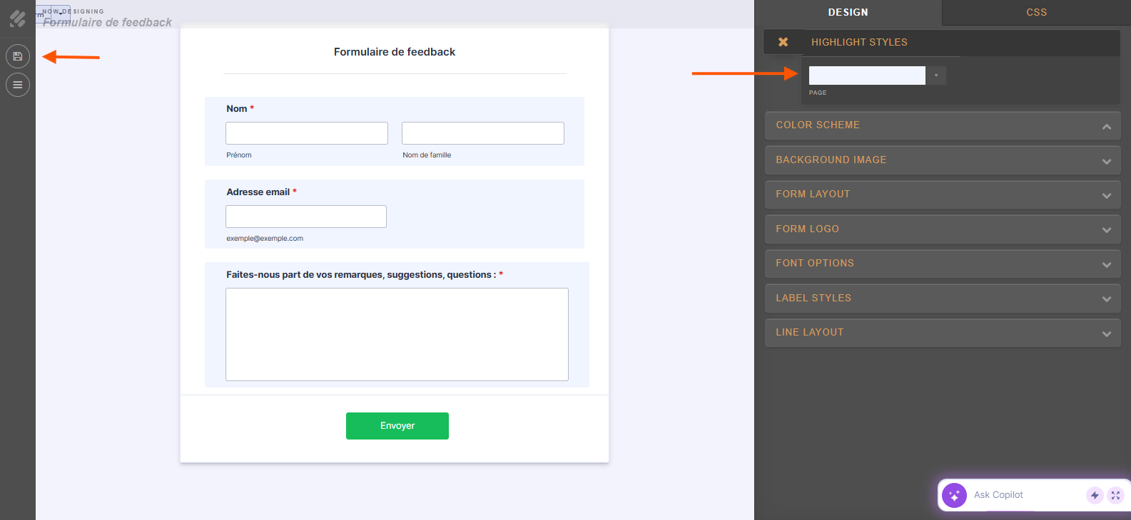 Capture d'écran de la page du Concepteur de formulaires de Jotform avec une flèche pointant vers le sélecteur de couleur de surbrillance des champs de formulaire et une autre vers l'icône de disque