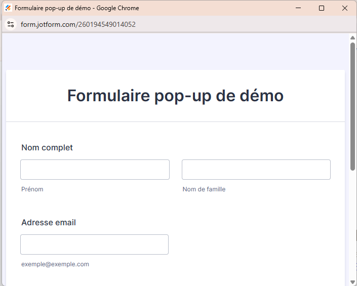 Capture d'écran d'un exemple de fenêtre de formulaire pop-up dans Jotform