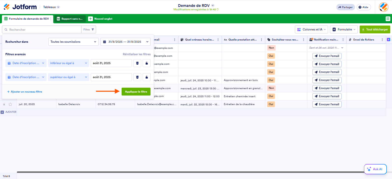 Capture d'écran d'un tableau dans les Tableaux Jotform avec une flèche pointant vers le bouton Appliquer le filtre