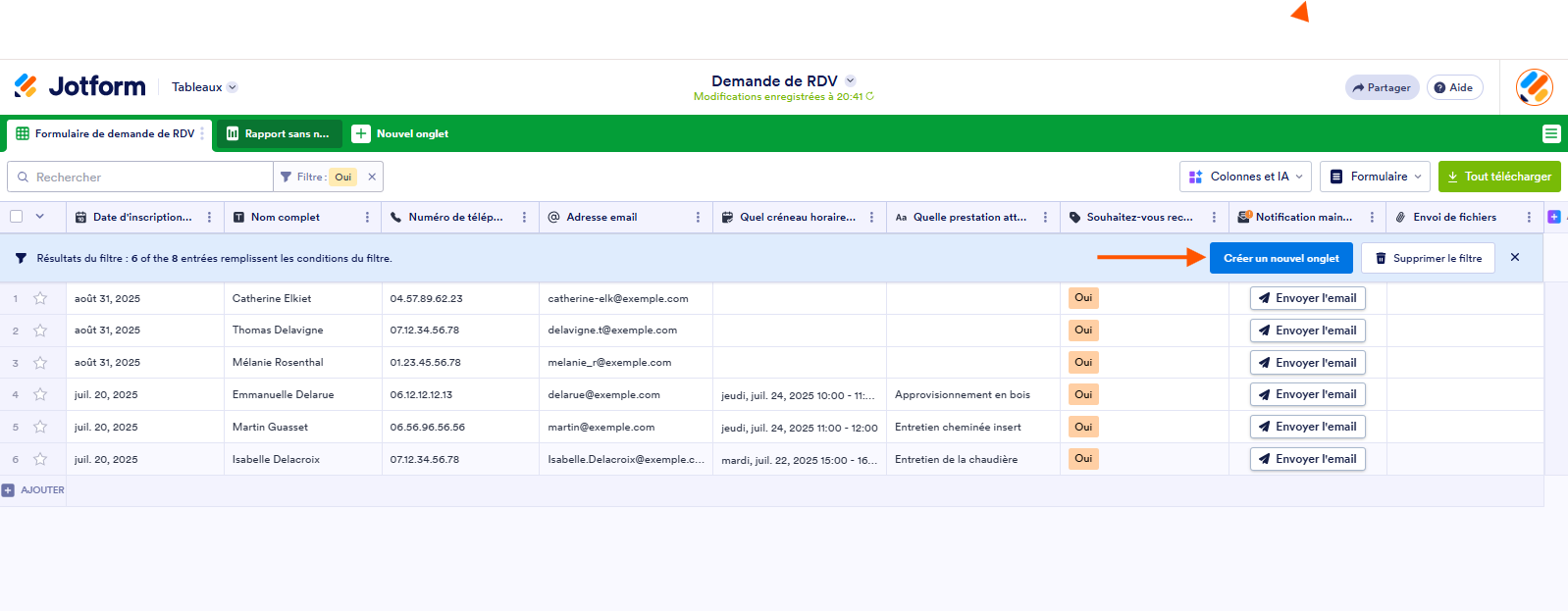 Capture d'écran d'un tableau dans les Tableaux Jotform avec une flèche pointant vers le bouton Créer un nouvel onglet