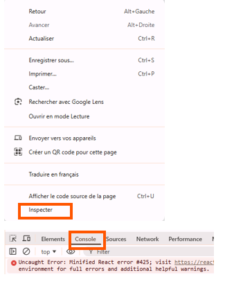 Capture d'écran du menu qui s'affiche après un clic droit sur une page web, avec Inspecter encadré en rouge et un aperçu de la barre de navigation avec l'onglet Console encadré en rouge