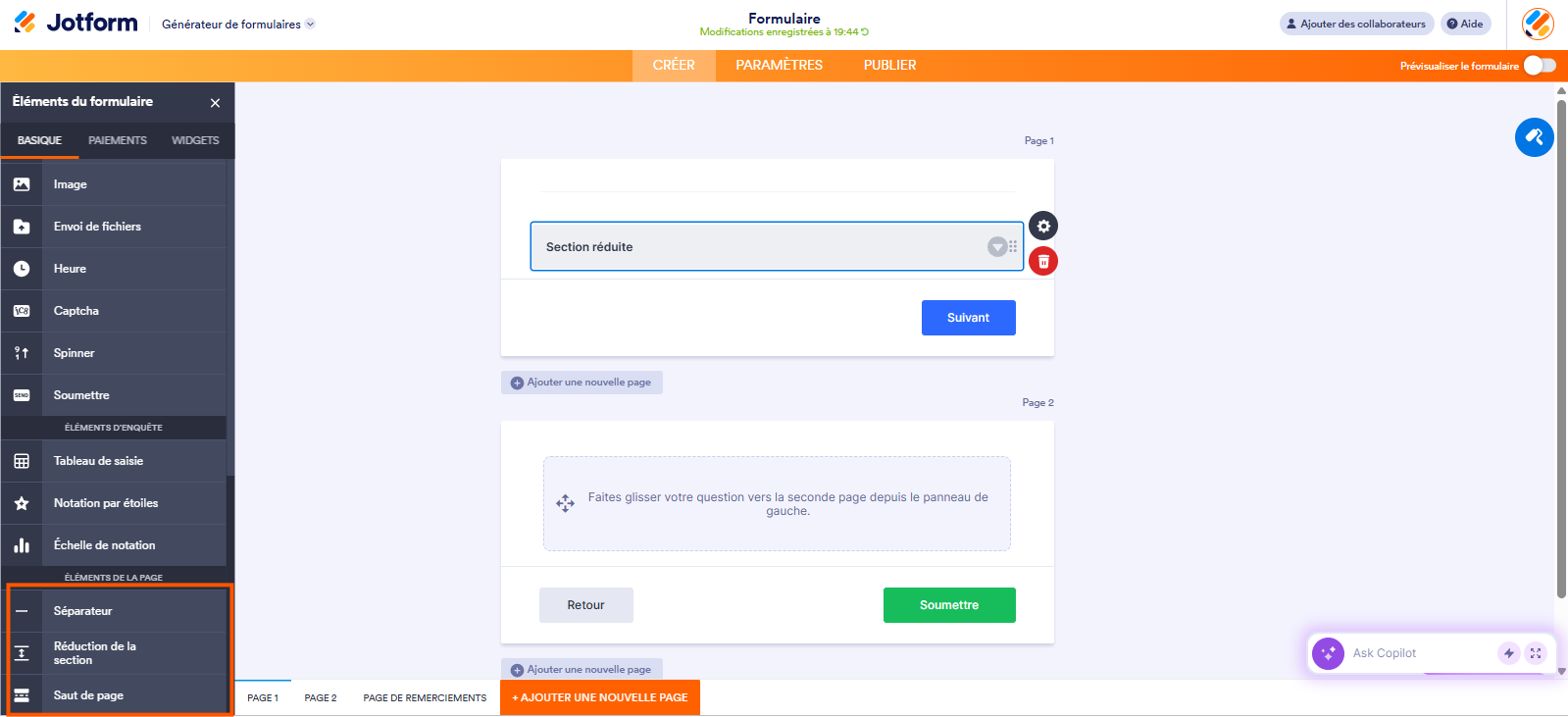 Capture d'écran d'un formulaire dans le Générateur de formulaires Jotform avec des éléments de la page