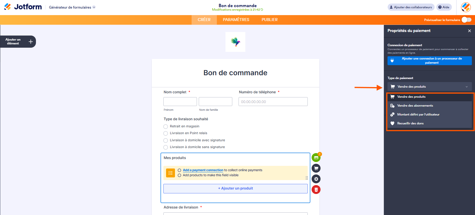Capture d'écran d'un formulaire Bon de commande dans le Générateur de formulaires Jotform montrant la liste déroulante de la section Type de paiement