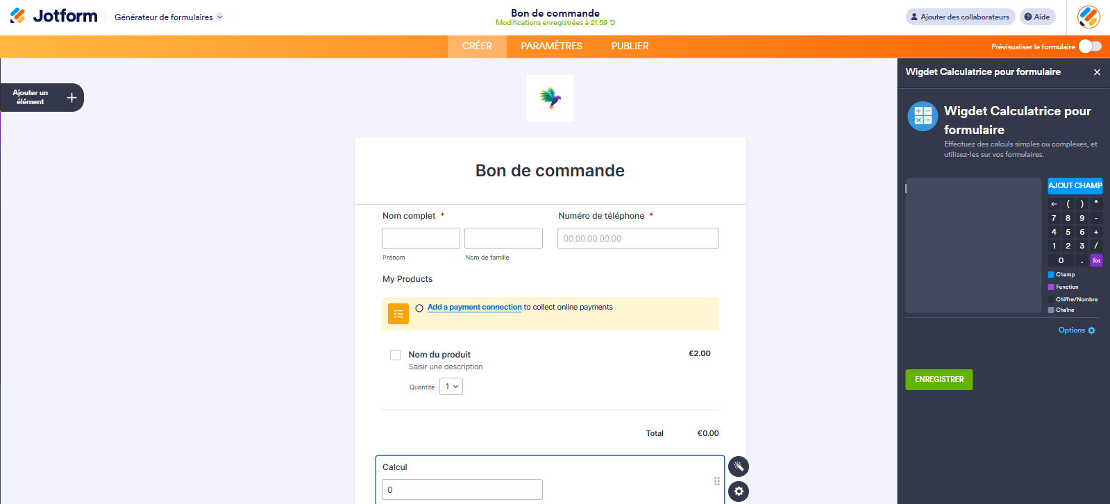 Capture d'écran d'un formulaire Bon de commande dans le Générateur de formulaires Jotform avec le widget Calculatrice pour formulaire ajouté