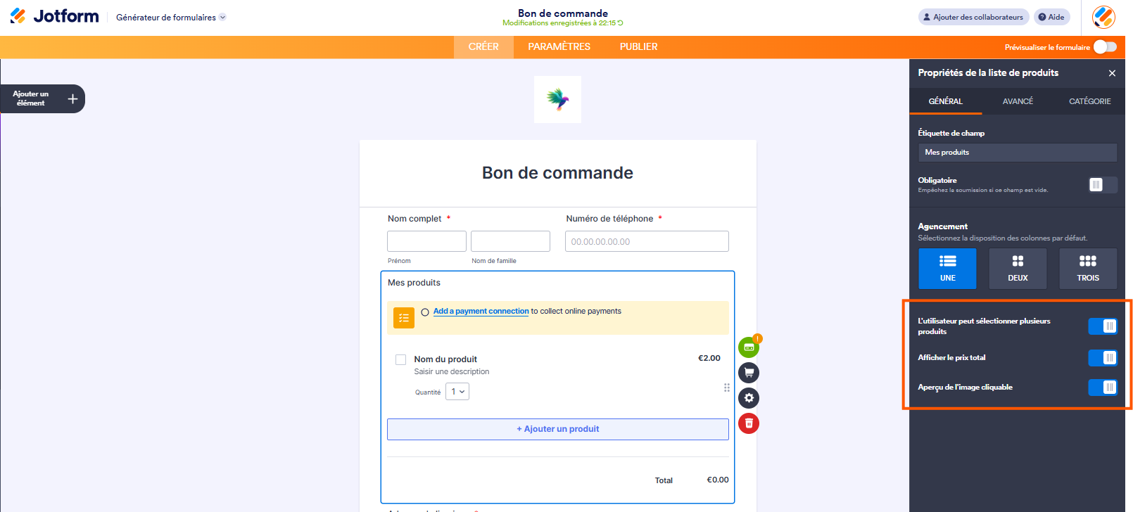 Capture d'écran d'un formulaire Bon de commande dans le Générateur de formulaires Jotform et du volet Paramètres de la liste de produits de l'élément Bon de commande avec un encadré autour des options à activer ou désactiver