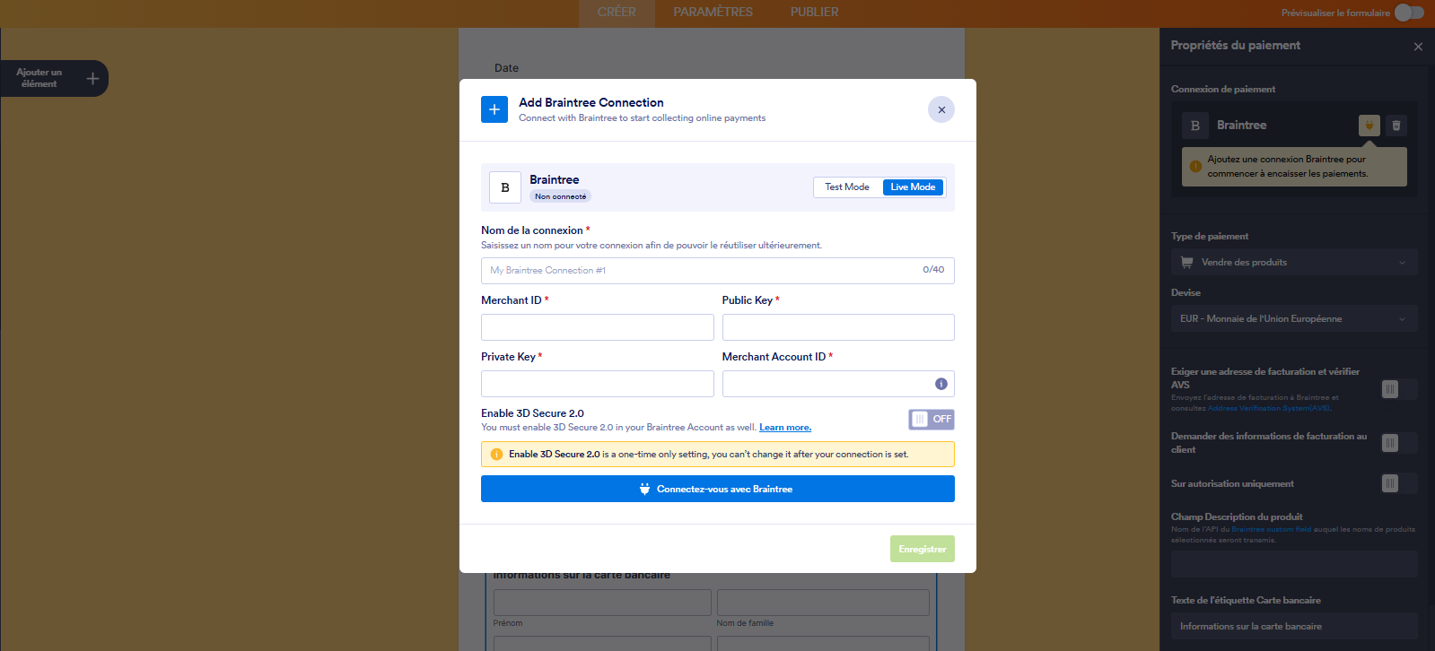 Capture d'écran des champs de saisie des identifiants Braintree (ID marchand, clé publique, clé privée et ID de compte marchand) dans la fenêtre modale Ajouter une connexion Braintree dans le Générateur de formulaires Jotform
