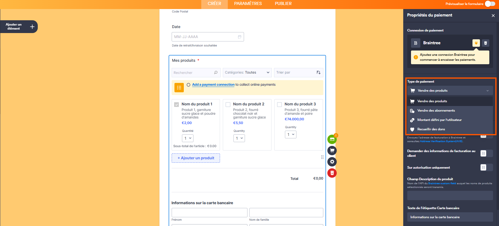 Capture d'écran d'un formulaire dans le Générateur de formulaires Jotform avec un encadré autour des options Type de paiement