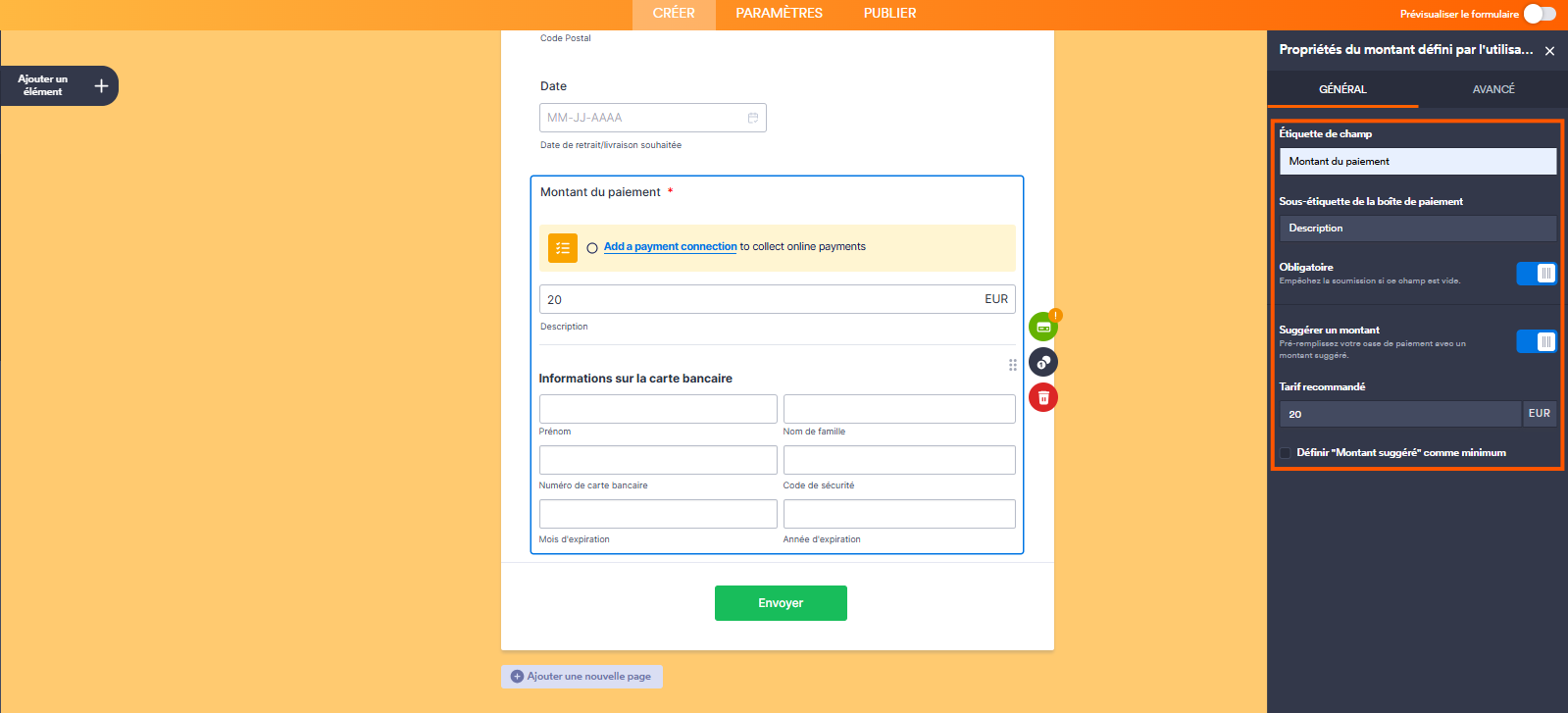 Capture d'écran du volet Propriétés du montant défini par l'utilisateur dans le Générateur de formulaires Jotform avec un encadré autour des options de l'onglet Général