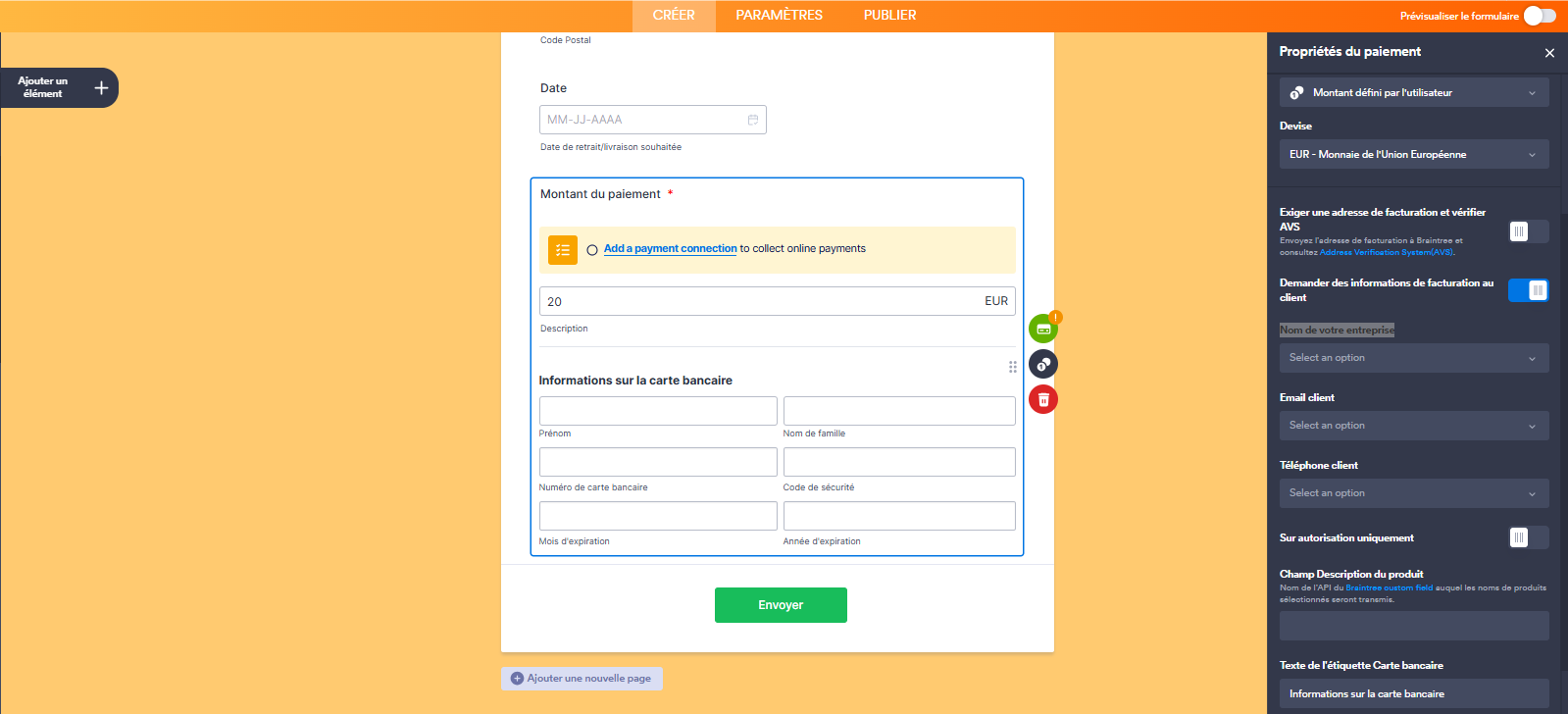 Capture d'écran du volet Propriétés du paiement dans le Générateur de formulaires Jotform avec le bouton-curseur Demander des informations de facturation au client activé et les paramètres Nom de votre entreprise, Email client et Téléphone client visibles