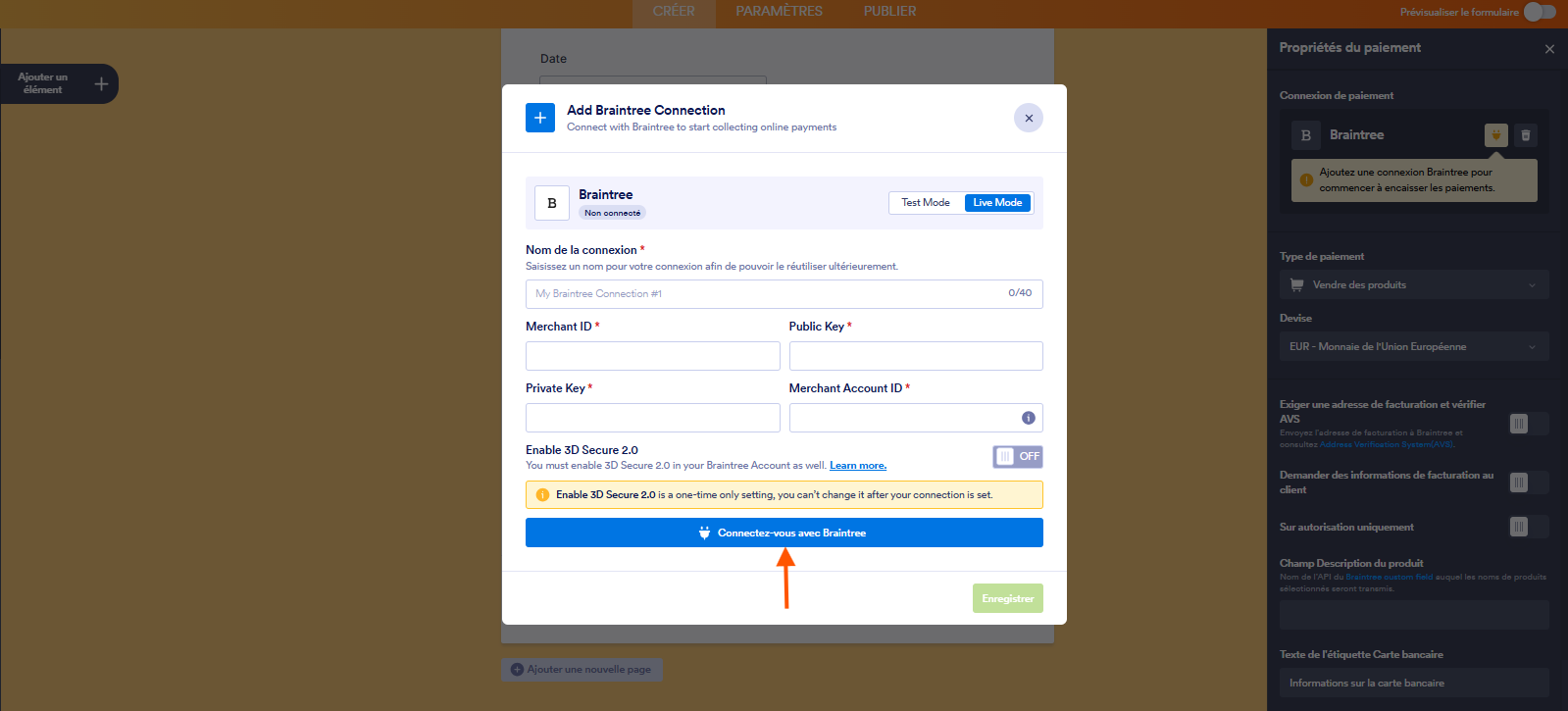 Capture d'écran de la fenêtre modale Ajouter une connexion BrainTree dans le Générateur de formulaires Jotform avec une flèche pointant vers le bouton Connectez-vous avec BrainTree