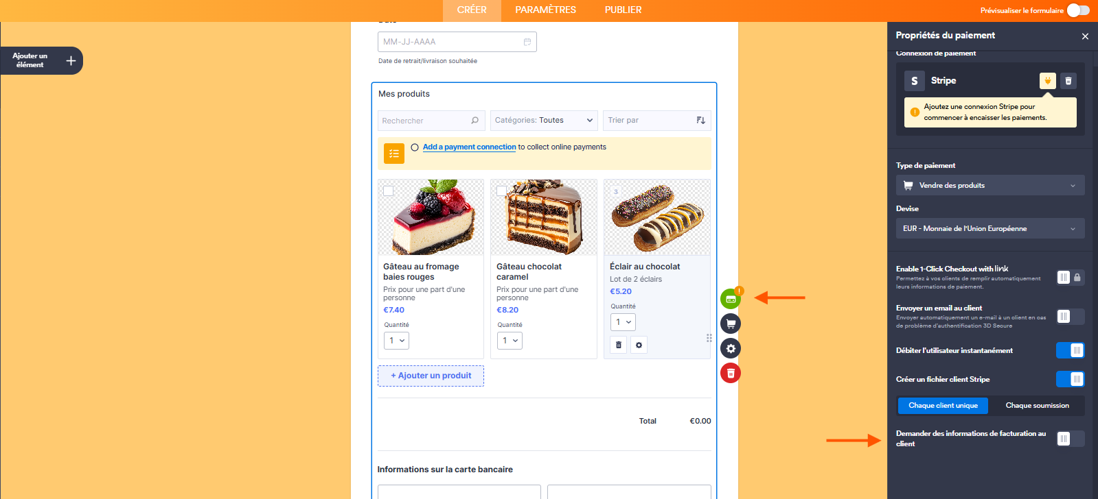 Capture d'écran du volet Propriétés du paiement dans le Générateur de formulaires Jotform avec une flèche pointant vers l'icône de carte bancaire et une autre vers Demander des informations de facturation au client