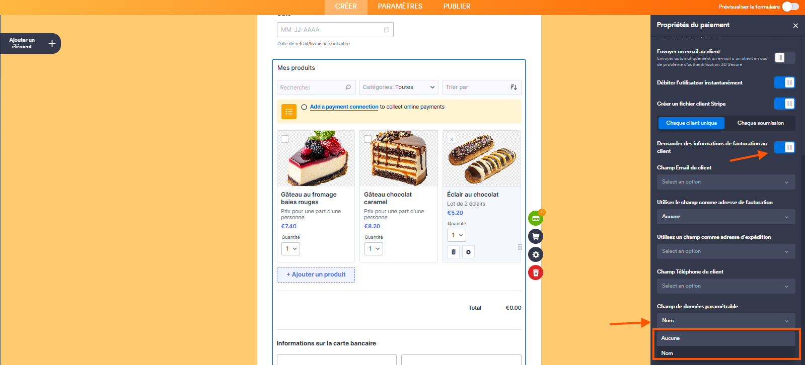 Capture d'écran du volet Propriétés du paiement dans le Générateur de formulaires Jotform avec une flèche pointant vers le bouton-curseur Demander des informations de facturation au client activé et une autre vers Champ de données paramétrable et un encadré autour des options proposées